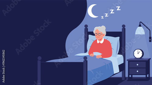 Elderly woman sitting in bed unable to sleep, with a moon and "zzz" above, depicting insomnia, sleep problems, or an restless night.