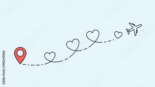 Airplane flying a dashed path with heart shapes, from a map pin, symbolizing travel, destination wedding, honeymoon, or romantic journey.