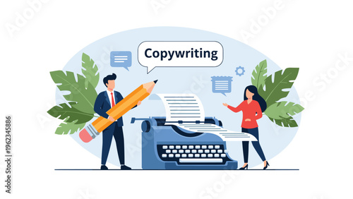 Man with a large pencil and a woman using a vintage typewriter, with a "Copywriting" speech bubble, representing content creation and writing.