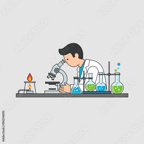 Scientist working with microscope and chemicals in laboratory, science research concept