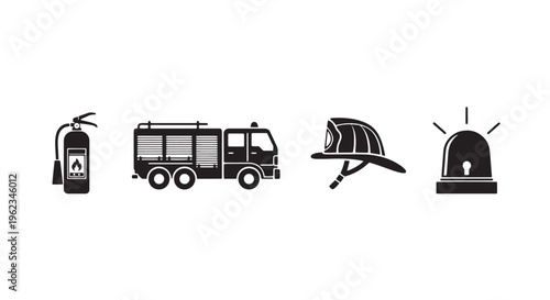 Fire Safety Icon Set with Fire Extinguisher, Fire Truck, Helmet, and Emergency Siren in One Row, Minimal Black Silhouettes