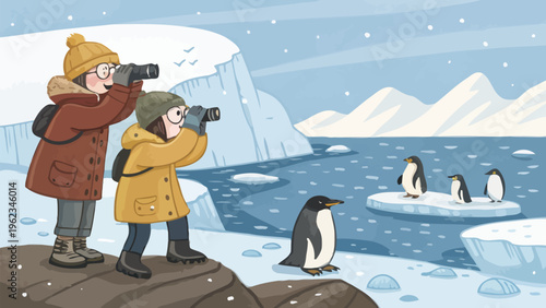 Two explorers observing penguins with binoculars on snowy ice floes in antarctica landscape
