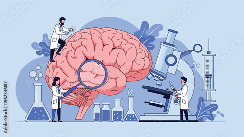 Tiny scientists examining a giant brain with microscopes and other lab equipment, symbolizing neuroscience research and mental health study.