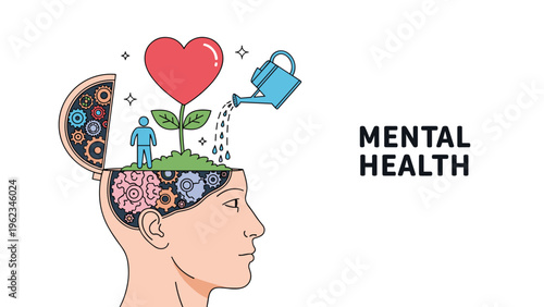 Human head with an open skull revealing gears and a plant with a heart being watered, illustrating "MENTAL HEALTH" and self-care.