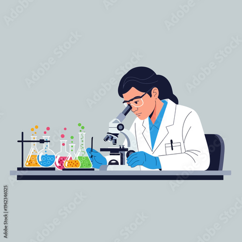 Scientist working with microscope and colorful liquids in laboratory