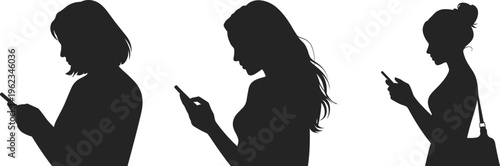 Vector silhouette set of three women looking down at their smartphones for social media communication and mobile technology app usage.