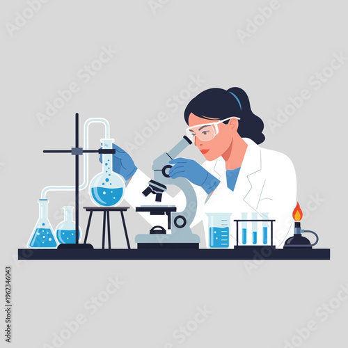 Scientist working with microscope and lab equipment, conducting research in a laboratory setting.
