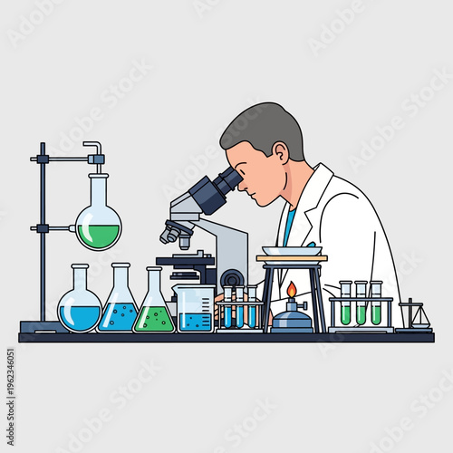 Scientist working with microscope and lab equipment, conducting research in a modern laboratory.