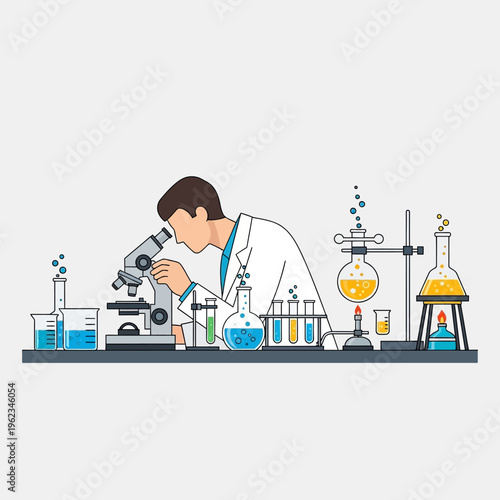 Scientist working with microscope and lab equipment, science research and development concept
