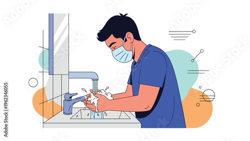 Man wearing a face mask while washing his hands at a sink, emphasizing hygiene, disease prevention, and public health awareness.