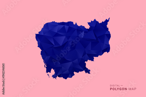 Quadro su tela Cambodia Map - Low poly polygon map in deep blue gradient on soft pink pastel background, modern minimal geometric design, clean digital vector illustration