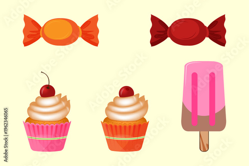 
A set of sweet desserts and stickers: candies, cupcakes, and popsicle sticks in a cute cartoon vector style.
