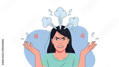 Angry woman with steam coming out of her head and hands raised in frustration, depicting extreme anger, stress, or a meltdown.