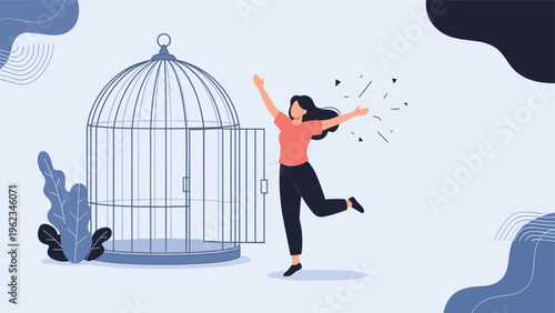 Happy woman with open arms standing outside an open birdcage, symbolizing freedom, liberation, overcoming restrictions, and new beginnings.