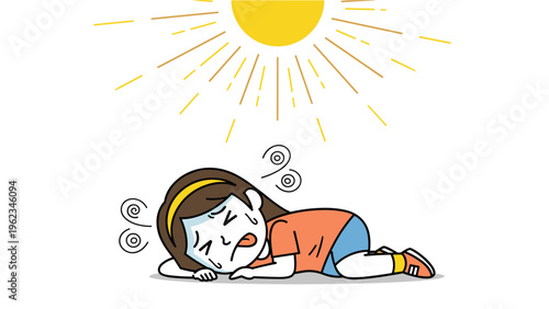 Girl lying on the ground, sweating and panting under a scorching sun, depicting heatstroke, exhaustion, or adverse effects of hot weather.