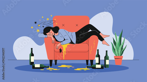 Woman passed out on an armchair with empty wine bottles and spilled drinks around her, depicting alcohol abuse, hangover, or intoxication.