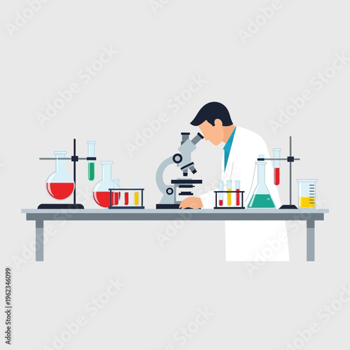 Scientist working with microscope and test tubes in a laboratory, scientific research concept