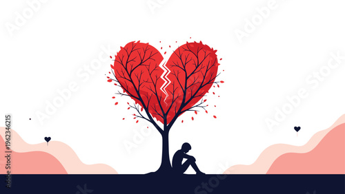 Lonely person sitting under a tree shaped like a broken heart, symbolizing heartbreak, loneliness, separation, or emotional pain.