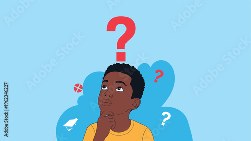 Young boy with a question mark above his head, contemplating with his hand on his chin, symbolizing curiosity, thinking, or decision-making.
