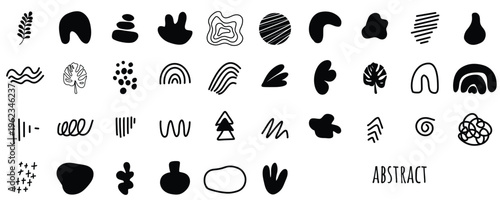 Hand drawn abstract doodle and geometric shape vector set. Black and white minimalist line art elements, squiggles, and patterns for background and branding design