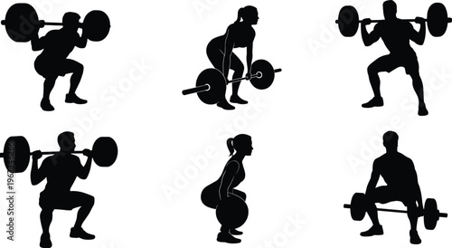 Vector silhouettes of men and women performing barbell squats and deadlifts, strength training fitness exercises for bodybuilding, gym workout illustration