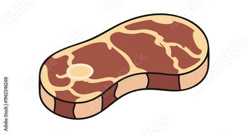 A cartoon depiction of a cut of meat. It has multiple shades of brown and tan, a rounded shape with a dark outline. The inside is patterned