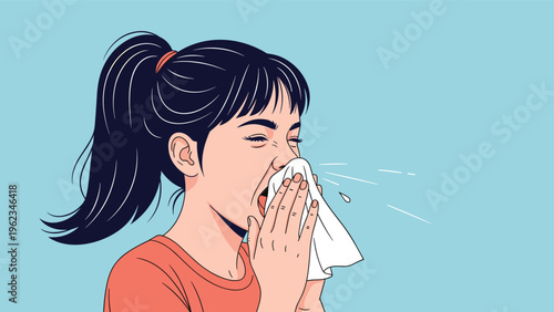 Woman sneezing or blowing her nose with a tissue, with droplets flying, depicting cold, flu, allergies, or respiratory illness.