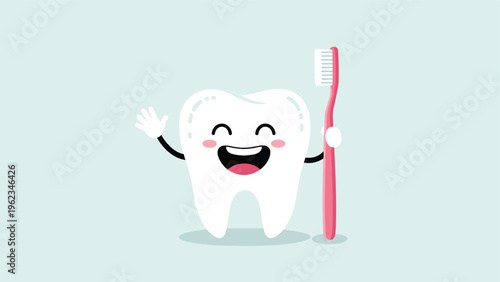 Cute cartoon tooth character smiling and waving, holding a toothbrush, symbolizing dental hygiene, oral health, and friendly dentistry.