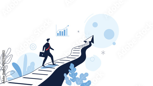 Businessman walking up a winding path shaped like an upward arrow, with a graph in the background, symbolizing career growth and success.