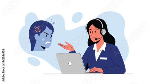 Customer service operator with a headset attempting to calm an angry and frustrated client whose face is shown as an icon.
