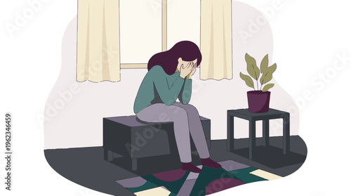 Sad woman covering her face while sitting alone in a quiet room