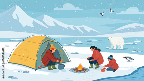 Family camping on ice with wildlife watching in arctic landscape with snow mountains