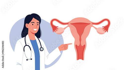 Smiling female doctor in a lab coat with a stethoscope pointing to a detailed diagram of the human female reproductive system.