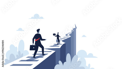 Two determined businessmen ascend a winding staircase on a cliff, symbolizing career progression, ambition, and the journey to success.