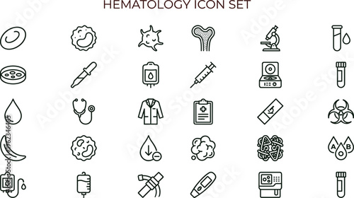 Hematology outline icon set with blood diagnostics laboratory testing symbols for healthcare apps dashboards interfaces presentations education materials