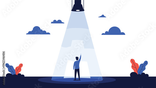 Ambitious businessman reaching for success under a bright spotlight, symbolizing ambition, achievement, and seizing opportunities.