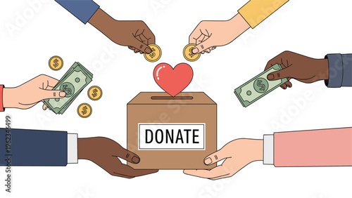 Diverse hands of people from various backgrounds contributing money and a heart to a donation box, representing charity and community support.