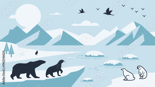 Arctic landscape with bears polar bears and birds in a serene snowy mountainous environment under a sunny sky