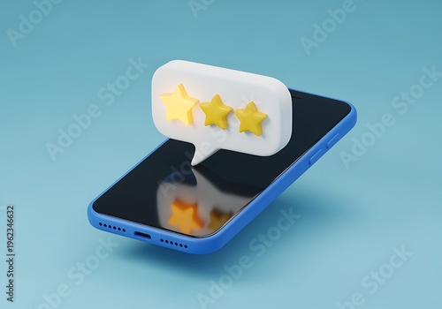 Blue smartphone with three yellow stars rating on screen  modern mobile phone with speech bubble showing three star review on display