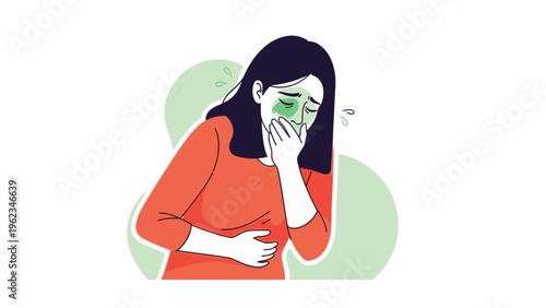 Woman holding her stomach and looking nauseous, feeling sick and about to vomit, illustrating symptoms of illness or morning sickness.