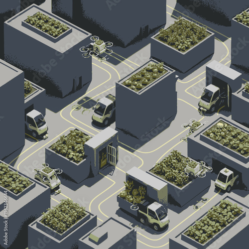 Eco-friendly urban logistics with green roofs and autonomous vehicles.
