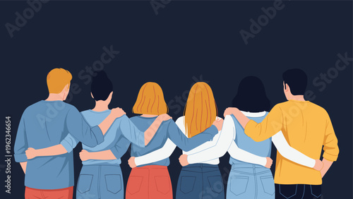 Diverse group of people standing arm-in-arm with their backs to the viewer, symbolizing unity, friendship, and strong community bonds.