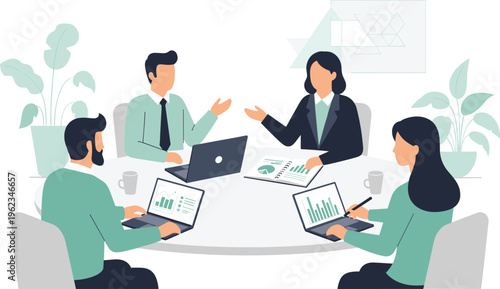 Business team discussing on laptops in minimalist office with green plants in bright modern lighting for corporate branding