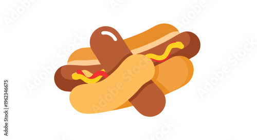 An illustration depicting a collection of hot dogs in various orientations. The food items have buns, sausages and mustard and ketchup