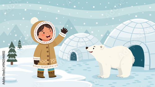 Inuit child waving at friendly polar bear in snowy igloo village with snow falling
