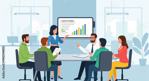 Diverse team collaborating around conference table in modern office with woman presenting data on screen in bright corporate setting for business