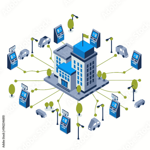 Isometric illustration of a smart city network connecting buildings and vehicles.