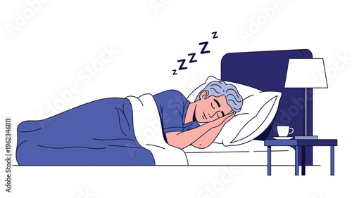 Man sleeping peacefully in a comfortable bed at night, with "zzz" above his head, symbolizing rest, good sleep, and relaxation.