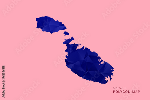 Malta Map - Low poly polygon map in deep blue gradient on soft pink pastel background, modern minimal geometric design, clean digital vector illustration.