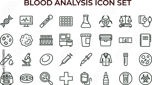 Blood analysis outline icon set with laboratory diagnostics hematology testing symbols for healthcare apps dashboards interfaces presentations education materials